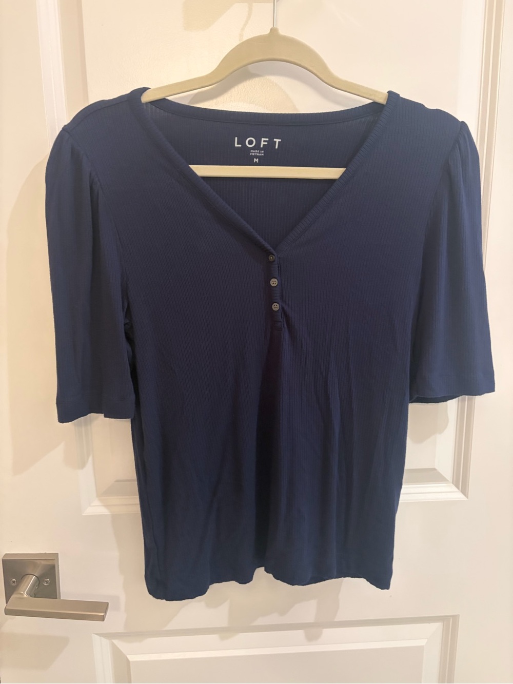 LOFT Navy Ribbed V-Neck Henley Short Sleeve Top